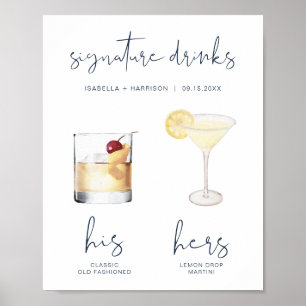 Affiche Boisson signature CAITLIN Navy Watercolor Cocktail