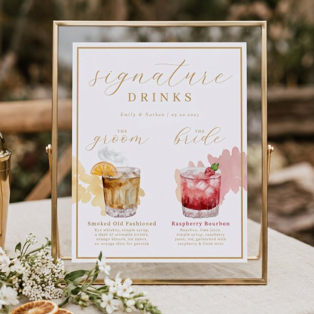 Affiche Boisson Signature de Mariée & Marié Aquarelle Cock (Bride & Groom Signature Drinks Watercolor Cocktail Poster)
