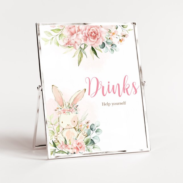 Affiche Boissons Baby shower lapin rose Floral (A Little Bunny Girl Baby Shower Drinks Sign)