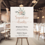 Affiche Boissons classiques Rose rose rose rose<br><div class="desc">Cette affiche classique à la signature rose rose rose pâle est parfaite pour un mariage rustique. Le design est composé d'élégantes aquarelles rose roux et de feuillage vert, soigneusement assemblés en de beaux bouquets. Personnalisez le panneau avec les noms de la mariée et du marié et leur choix de boisson...</div>