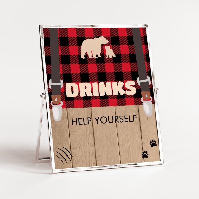 Affiche Boissons de Baby shower de bûcheron rouge rustique (Plaid Lumberjack Baby Shower Drinks Sign)