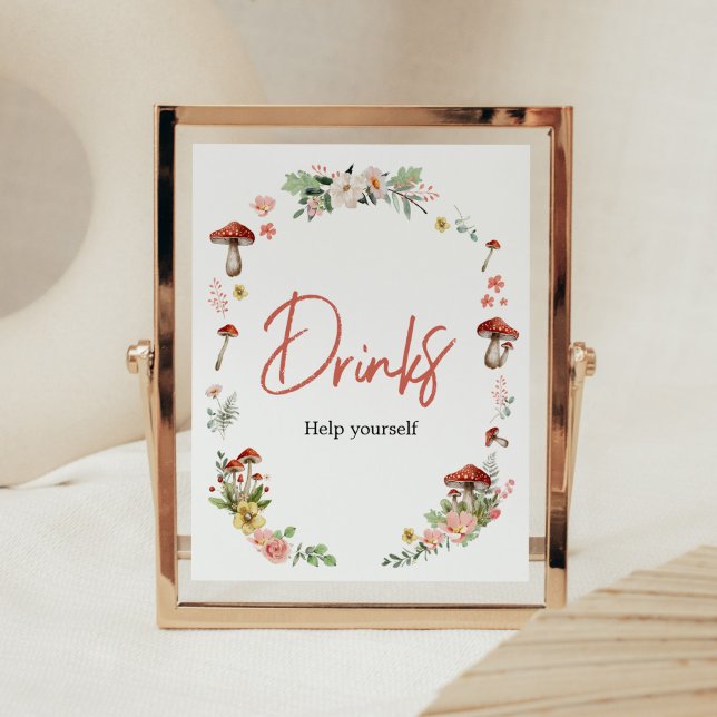 Affiche Boissons de Baby shower de champignons Fleurs sauv (Enchanted Mushroom Baby Shower Drinks Sign)