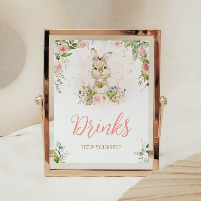 Affiche Boissons de Baby shower de lapin rose Floral (Girl Peter Rabbit Baby Shower Drinks Sign)