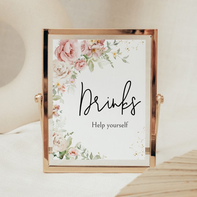 Affiche Boissons de Baby shower Floral Rose Dusty (Dusty Pink Floral Greenery Baby Shower Drinks Sign)