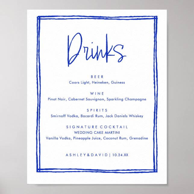Affiche Boissons de bar de mariage bleu français dessiné à (Devant)