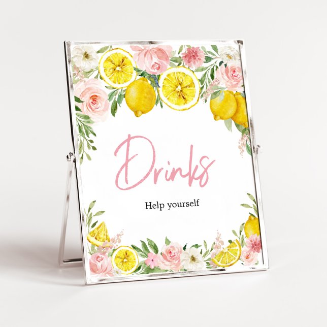 Affiche Boissons de citron rose Floral (Summer Lemon Citrus Baby Shower Drinks Sign)
