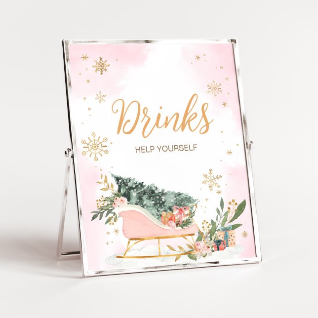 Affiche Boissons de flocon d'hiver rose or (Pink Sleigh Baby Shower Drinks Sign)