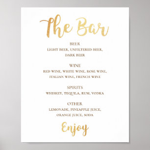 Affiche Boissons de mariage de script or. Barre d'alcool s
