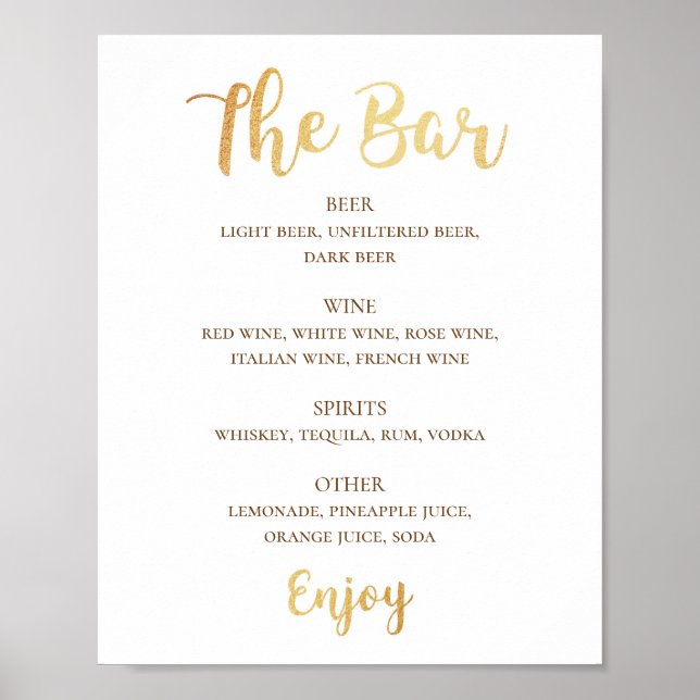 Affiche Boissons de mariage de script or. Barre d'alcool s (Devant)