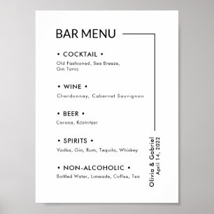 Affiche Boissons de mariage. Panneau de menu de bar simple