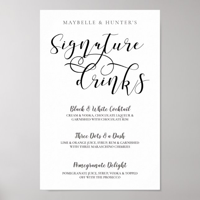 Affiche Boissons de signature de couple Calligraphie noire (Devant)