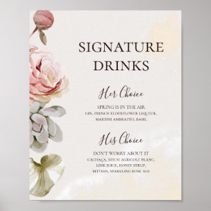 Affiche Boissons de signature de l'aquarelle florale de ro