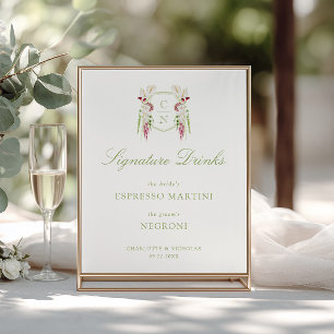 Affiche Boissons de signature de mariage à monogramme flor
