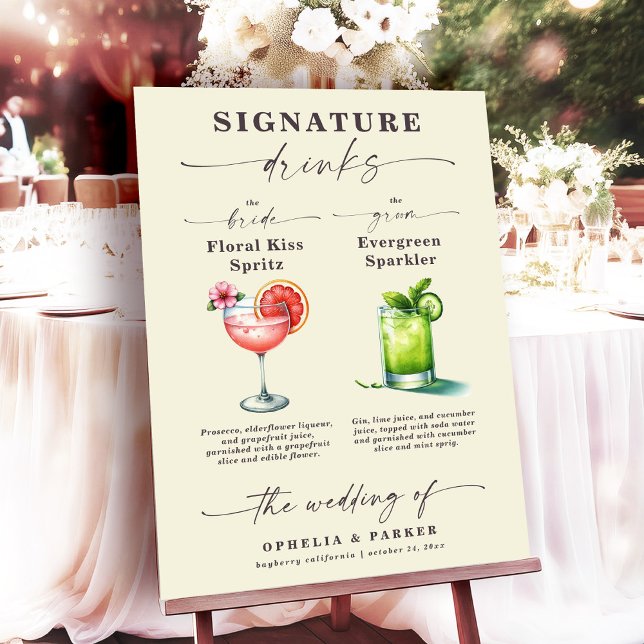 Affiche Boissons de signature de mariage d'Ophelia mariée  (Say "I DO" to Romantic Watercolor Florals and a Cottagecore Vibe with the Ophelia Wedding Suite.)
