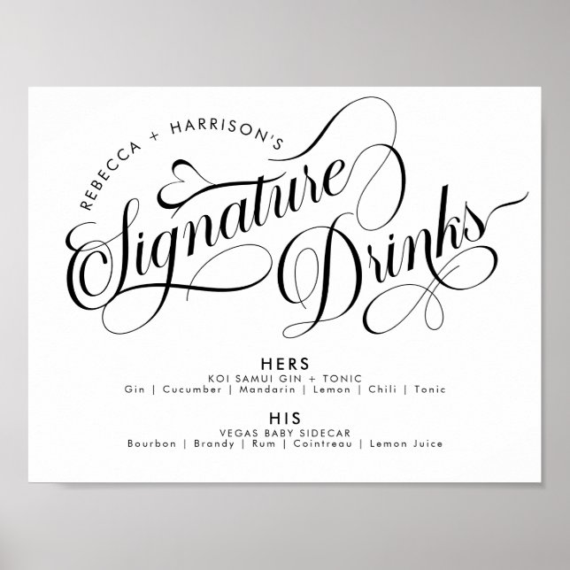 Affiche Boissons de signature de script romantique Poste d (Devant)