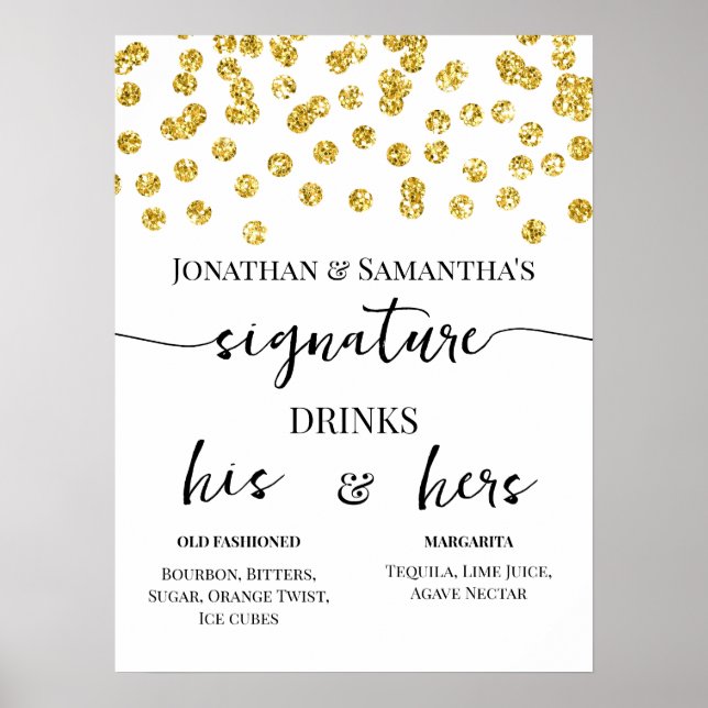 Affiche Boissons de signature points pailletés or mariage (Devant)