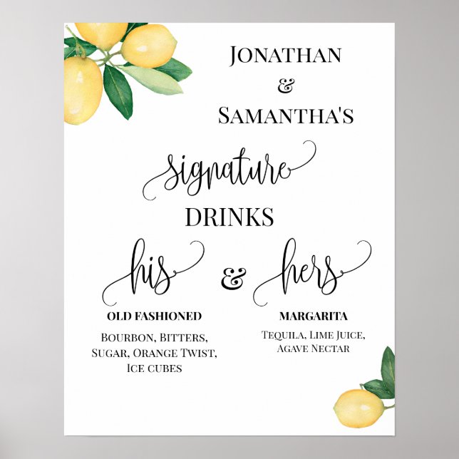 Affiche Boissons de signature Réception de mariage Citrons (Devant)