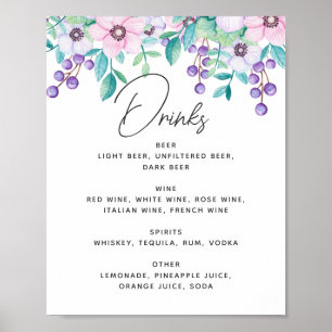 Affiche Boissons mariage à l'aquarelle violet et rose