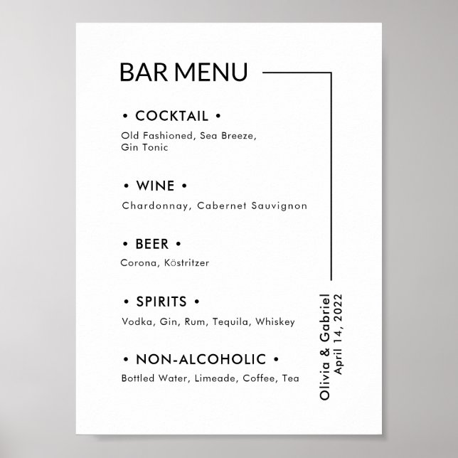Affiche Boissons mariages. Menu Simple moderne de la barre (Devant)