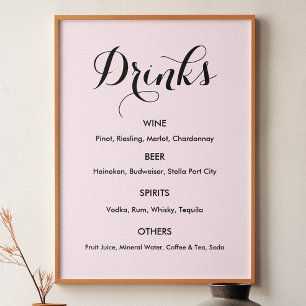 Affiche Boissons Menu Mariage rose pâle