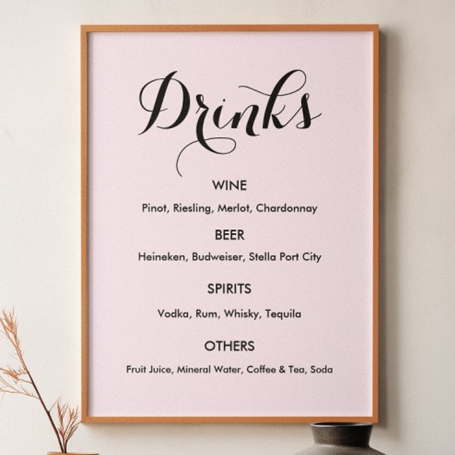 Affiche Boissons Menu Mariage rose pâle (Créateur téléchargé)