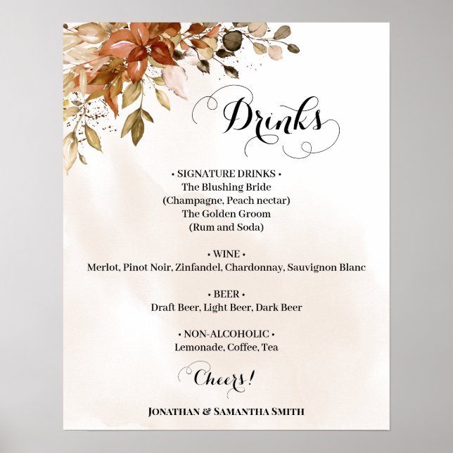 Affiche Boissons Panneau Menu Automne Mariage Eucalyptus (Devant)