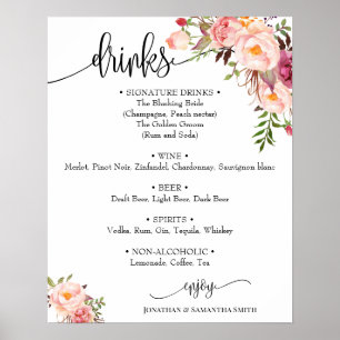Affiche Boissons panneau menu mariage rose floral boho chi