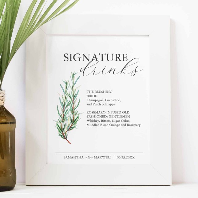 Affiche Boissons Signature 8x10 Panneau de mariage au roma (Signature cocktails sign feature a watercolor sprig of rosemary by Victoria Grigaliunas )