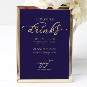 Affiche Boissons Signature Chic Écriture Or Navy Blue