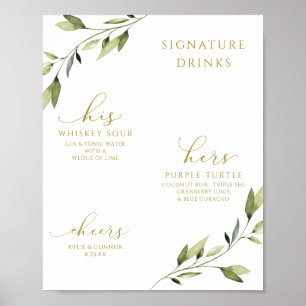 Affiche Boissons Signature de Mariage Cocktails Verdure Or