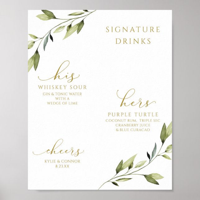 Affiche Boissons Signature de Mariage Cocktails Verdure Or (Devant)