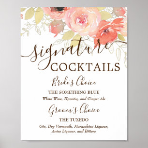 Affiche Boissons Signature de Mariage Roses Rose Corail & 