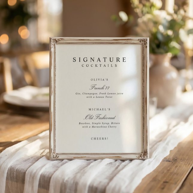 Affiche Boissons Signature Élégantes Panneau de Bar de Mar (Elegant black and white signature drinks wedding sign with simple script and minimalist design)