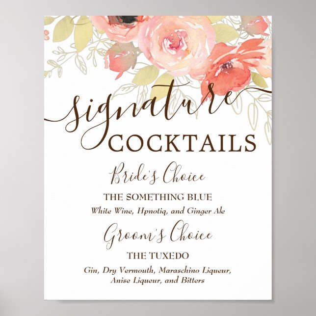Affiche Boissons Signature Mariage Roses Corail et Or (Devant)