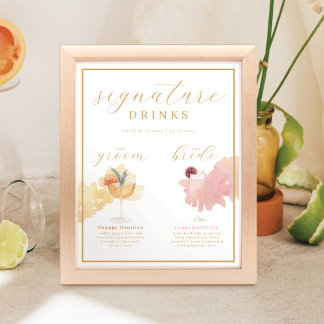 Affiche Boissons Signature Mariée & Marié Cocktail Aquarel