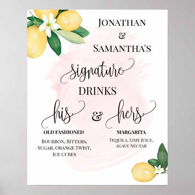 Affiche Boissons Signature Réception de Mariage Citrons Ro (Devant)
