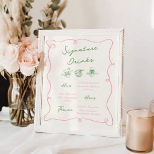 Affiche Boissons Signature Rose Et Vert Dessinées À La Mai