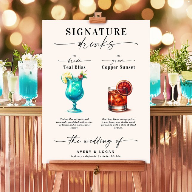 Affiche Boissons turquoises et en cuivre et signature de m (A Wedding Bar with Teal and Copper Colored Signature Drinks. Blue Lagoon and Whiskey Sour.)
