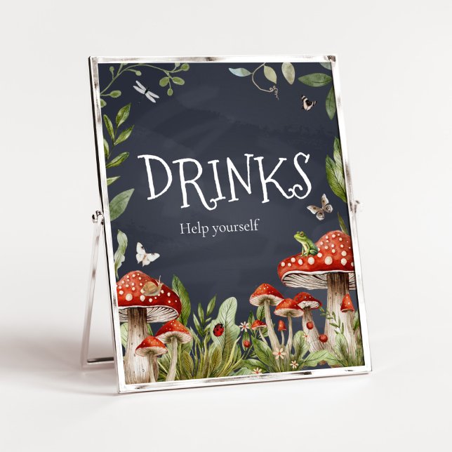 Affiche Boissons Whimsical Enchanted Forest Champignons (Rustic Mushroom Baby Shower Drinks Sign)