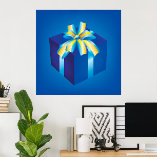 Affiche Boîte cadeau bleu avec ruban jaune et Aqua