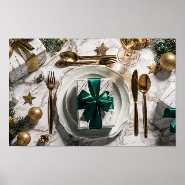 Affiche Boîte cadeau de Noël avec ruban vert sur table fes (Devant)
