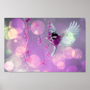 Affiche Bokeh Bubbles Flying Hummingbird - Rose