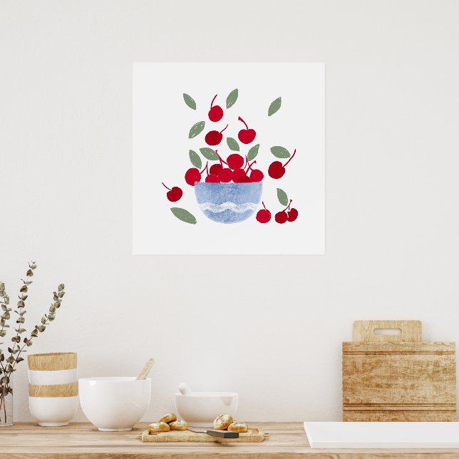 Affiche Bol de cerises à l'aquarelle  (Cuisine)