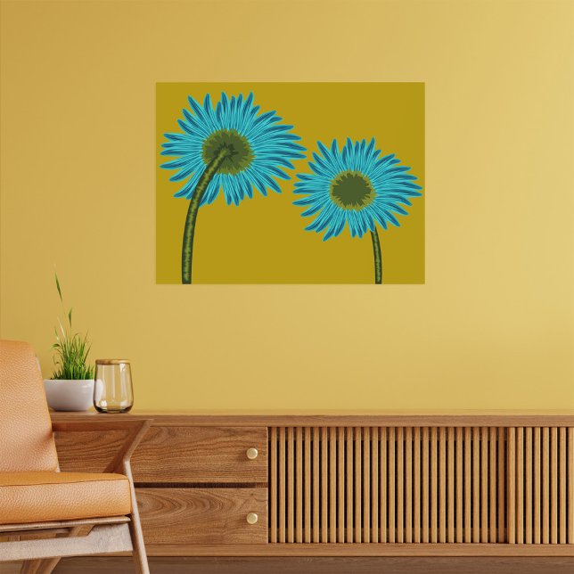 Affiche Bold Blue Daisy Art sur Mustard Yellow Arrière - p (Créateur téléchargé)