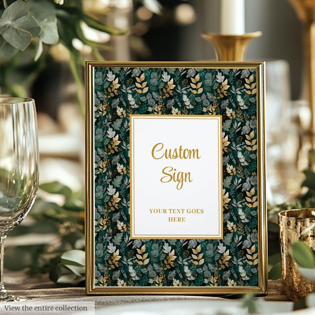 Affiche Bold Hunter Green Gold Green Mariage personnalisé (Bold Hunter Green Gold Greenery Wedding Custom Sign)
