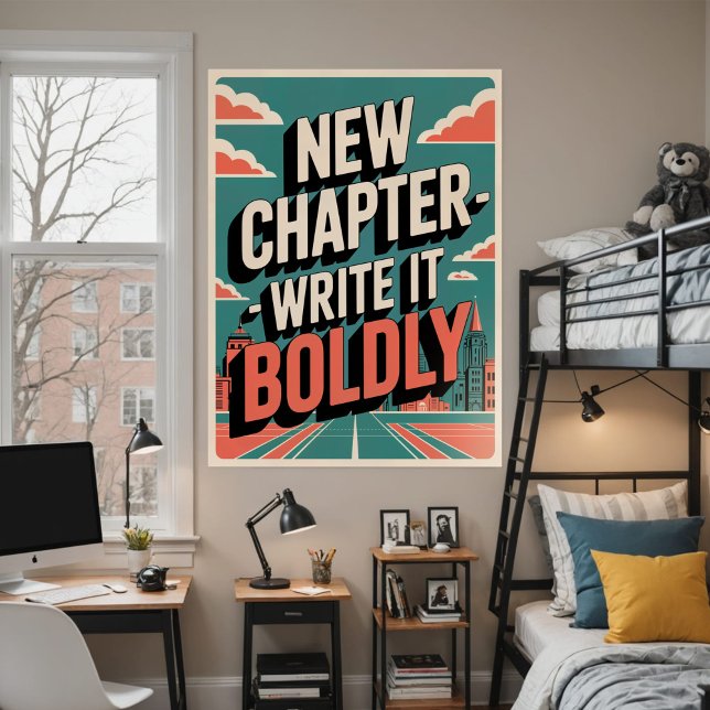 Affiche Bold Motivational New Chapter Modern Cityscape (Bold, minimalist poster with an empowering quote and vibrant cityscape in teal and orange.)