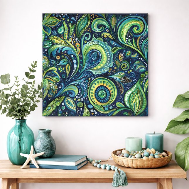 Affiche Bold Peacock Paisley Watercolor Wall Art (Blue and green abstract wall art)