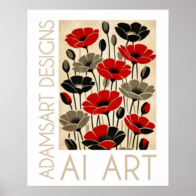 Affiche Bold Red & Black Retro Poppies Floral (Devant)