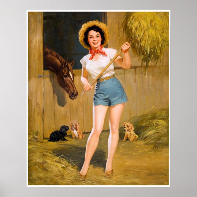 Affiche BOMBSHELL BAD GIRLS Retro : Farm Girl Horse & Dogs (Devant)