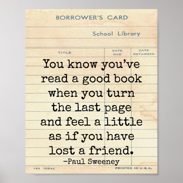 Affiche Bon livre Perdu un ami Paul Sweeney Citation Art (Devant)